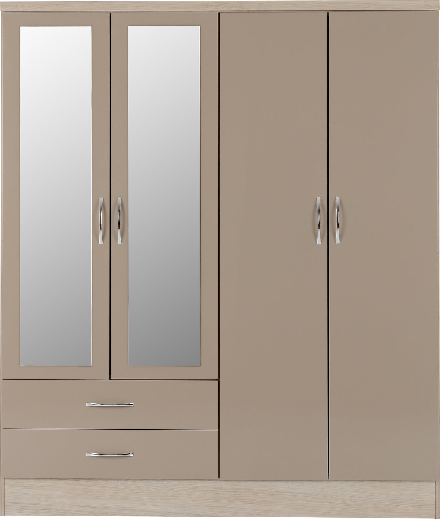 NEVADA 4 DOOR 2 DRAWER MIRRORED WARDROBE - OYSTER GLOSS/LIGHT OAK EFFECT VENEER