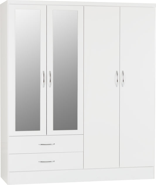 NEVADA 4 DOOR 2 DRAWER MIRRORED WARDROBE - WHITE GLOSS