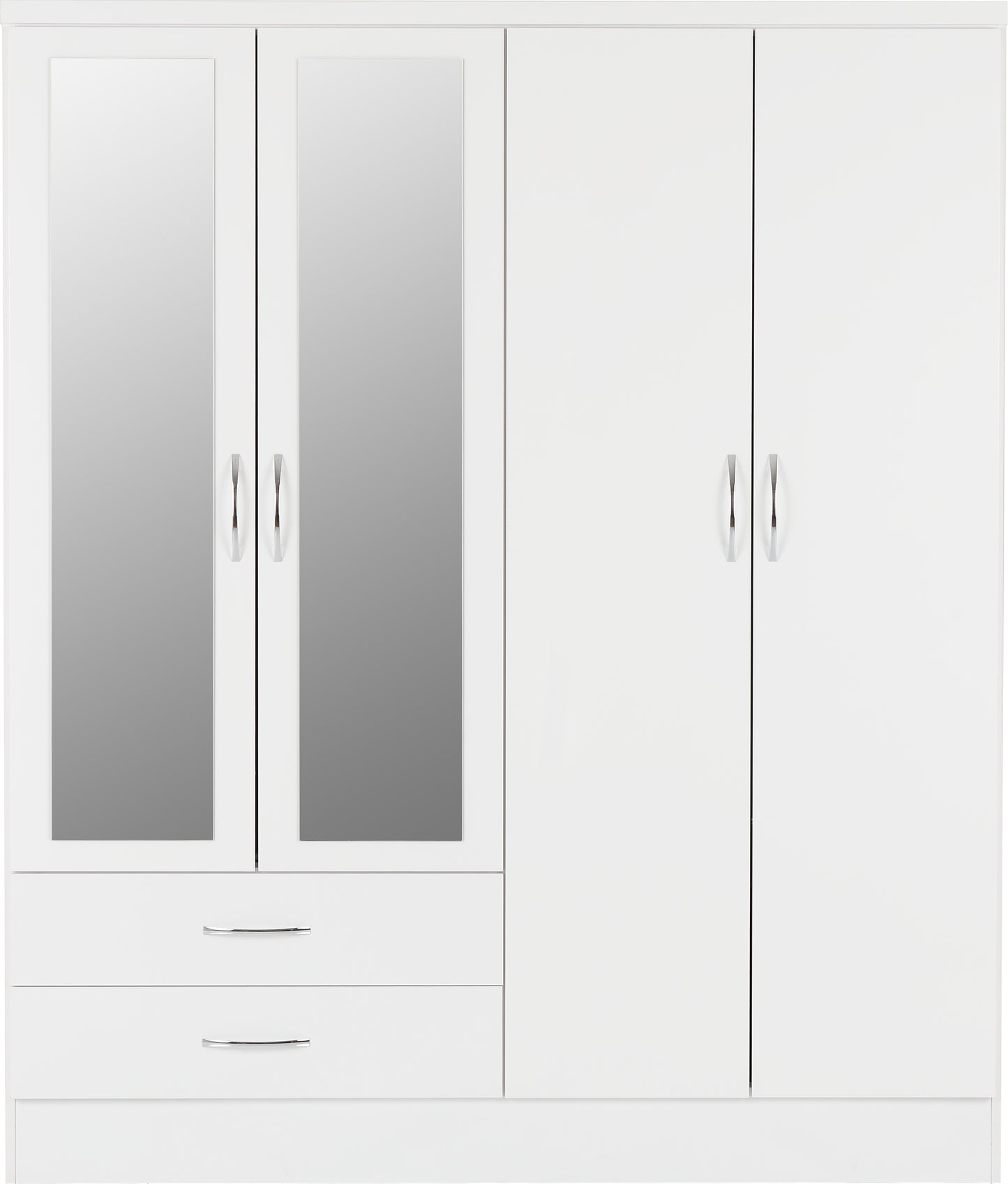 NEVADA 4 DOOR 2 DRAWER MIRRORED WARDROBE - WHITE GLOSS