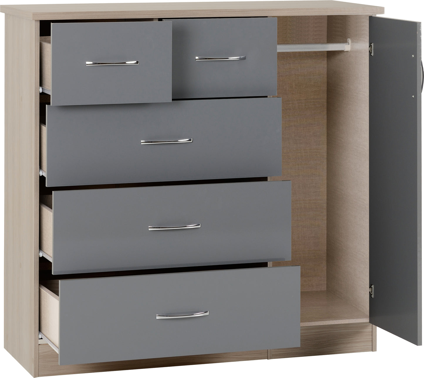 NEVADA 5 DRAWER LOW WARDROBE - GREY GLOSS/LIGHT OAK EFFECT VENEER