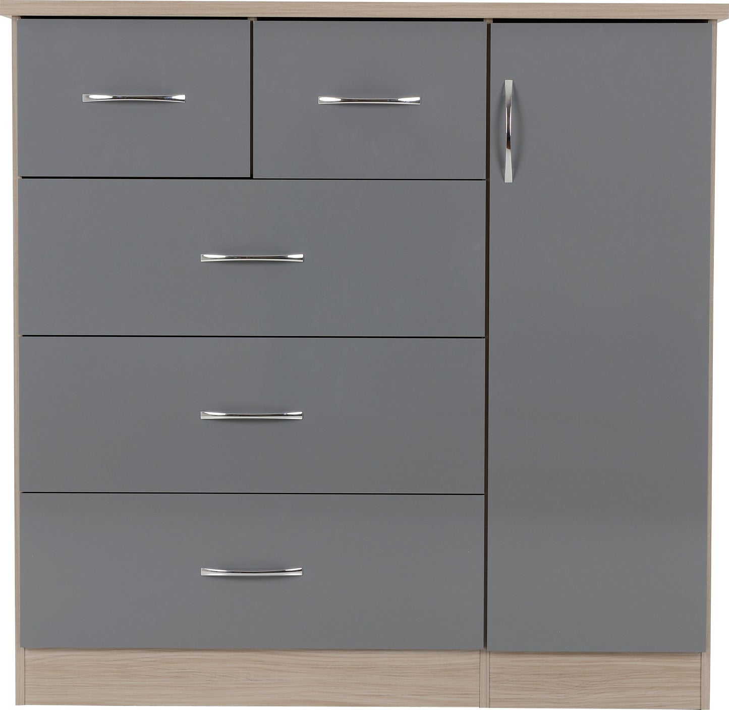 NEVADA 5 DRAWER LOW WARDROBE - GREY GLOSS/LIGHT OAK EFFECT VENEER