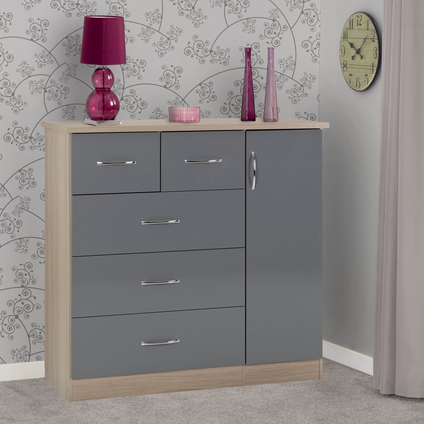 NEVADA 5 DRAWER LOW WARDROBE - GREY GLOSS/LIGHT OAK EFFECT VENEER