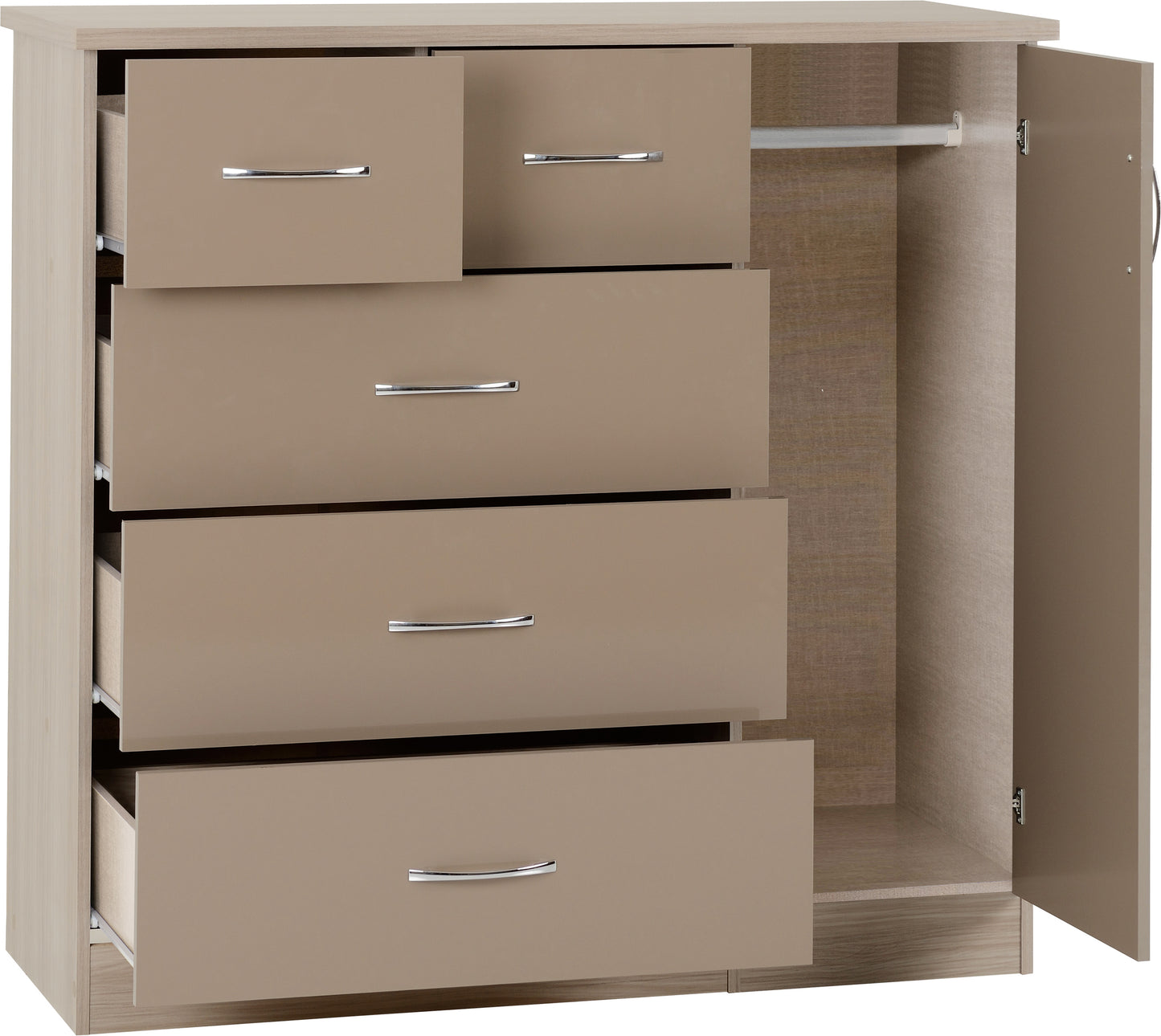 NEVADA 5 DRAWER LOW WARDROBE - OYSTER GLOSS/LIGHT OAK EFFECT VENEER