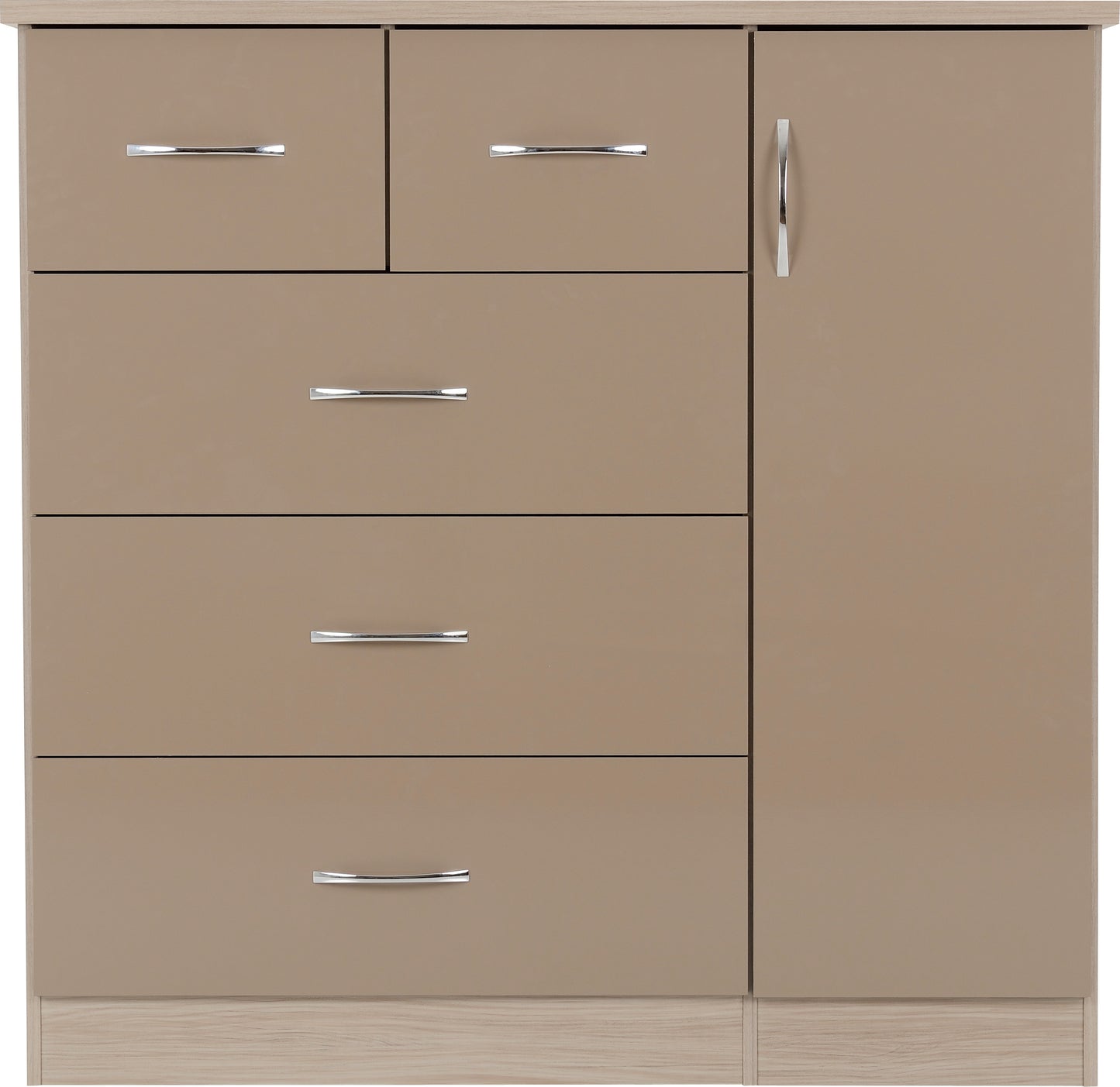 NEVADA 5 DRAWER LOW WARDROBE - OYSTER GLOSS/LIGHT OAK EFFECT VENEER