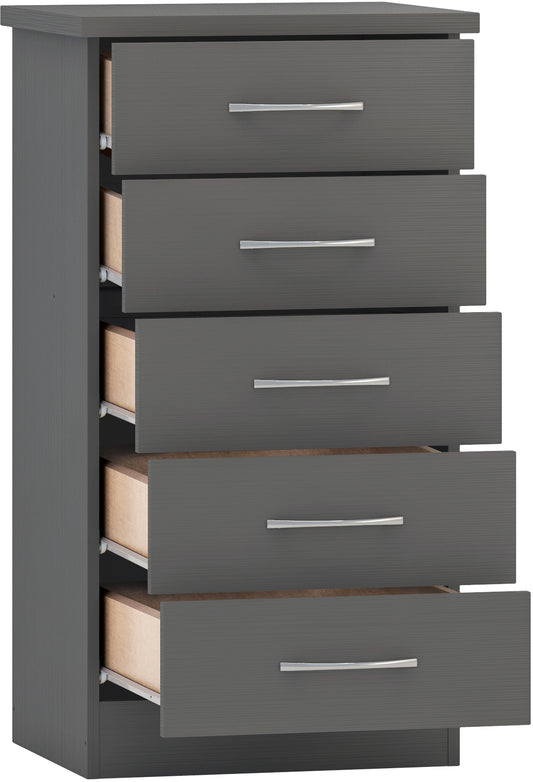 NEVADA 5 DRAWER NARROW CHEST - 3D EFFECT GREY