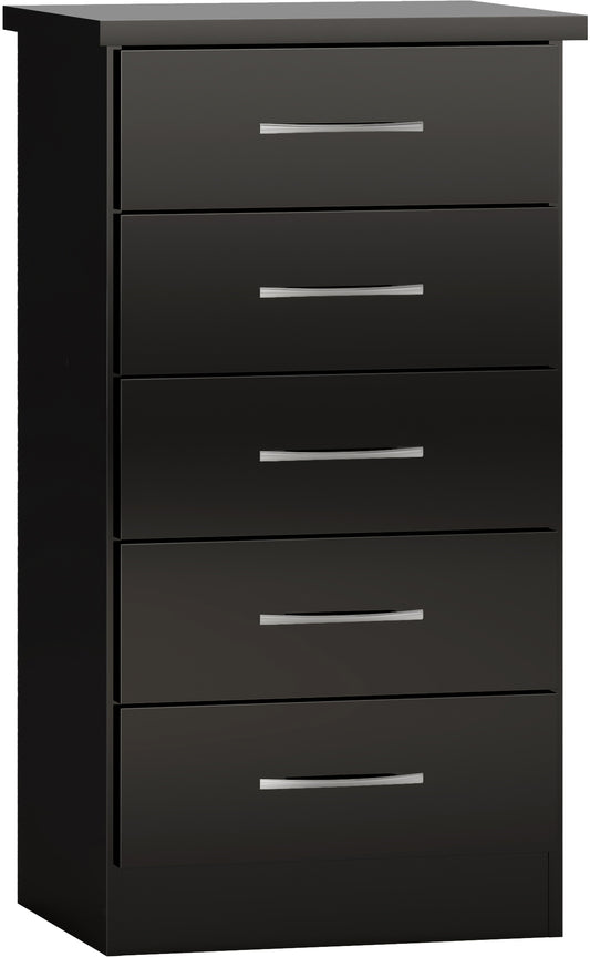 NEVADA 5 DRAWER NARROW CHEST - BLACK GLOSS