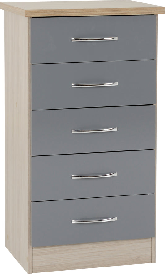 NEVADA 5 DRAWER NARROW CHEST - GREY GLOSS/LIGHT OAK EFFECT VENEER