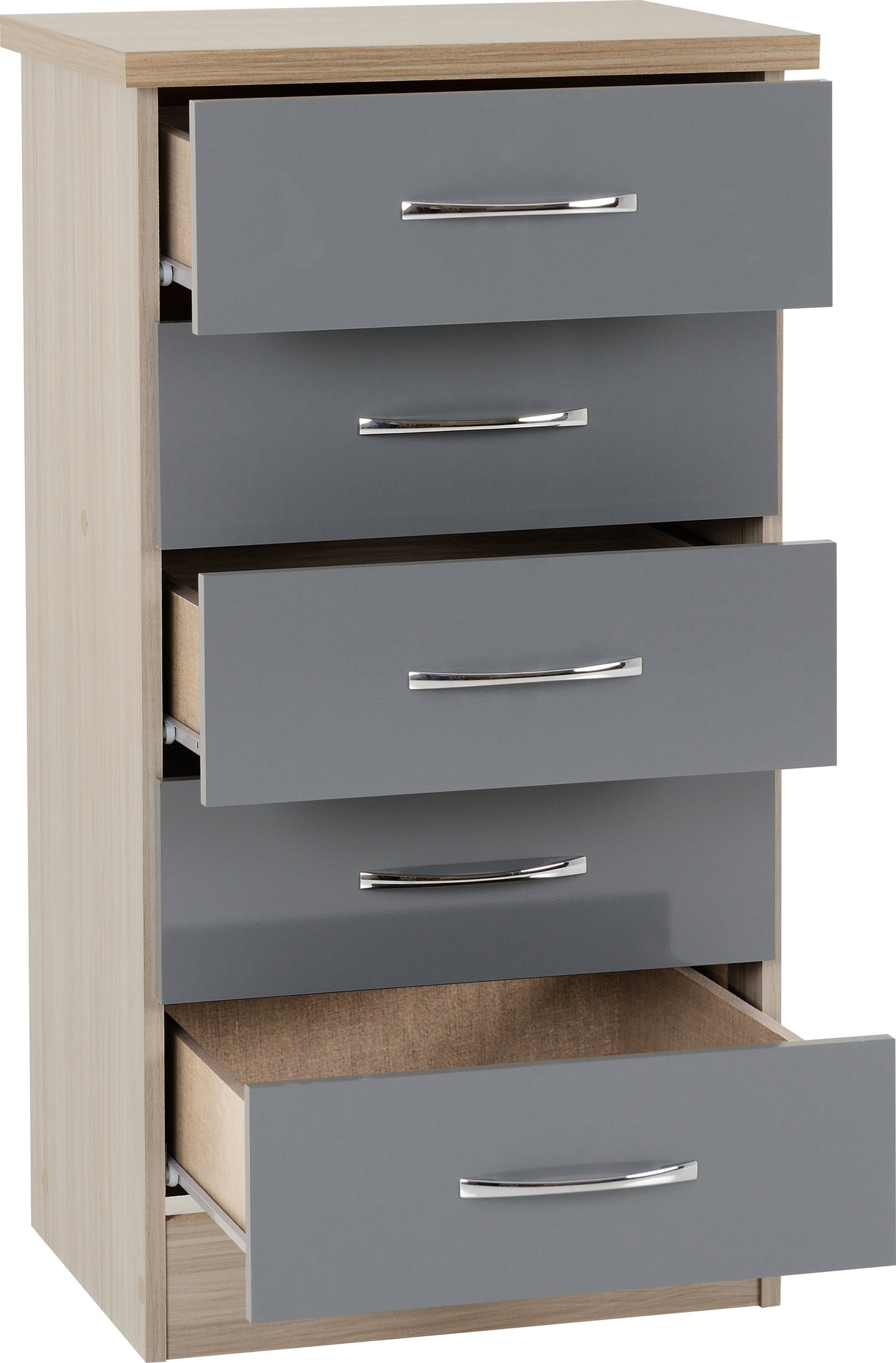 NEVADA 5 DRAWER NARROW CHEST - GREY GLOSS/LIGHT OAK EFFECT VENEER