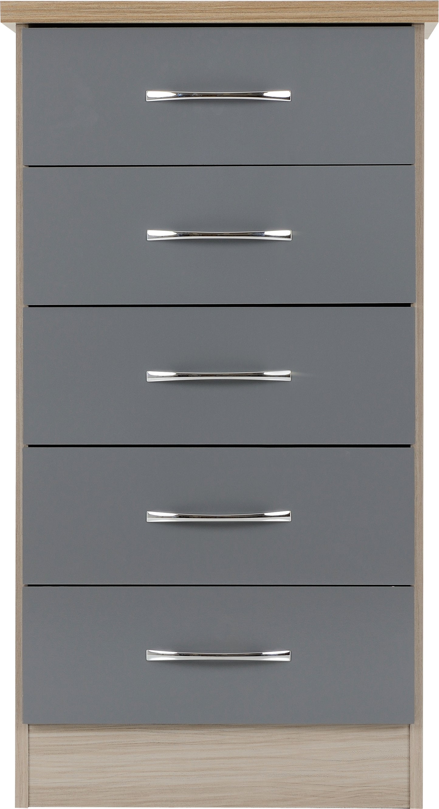 NEVADA 5 DRAWER NARROW CHEST - GREY GLOSS/LIGHT OAK EFFECT VENEER