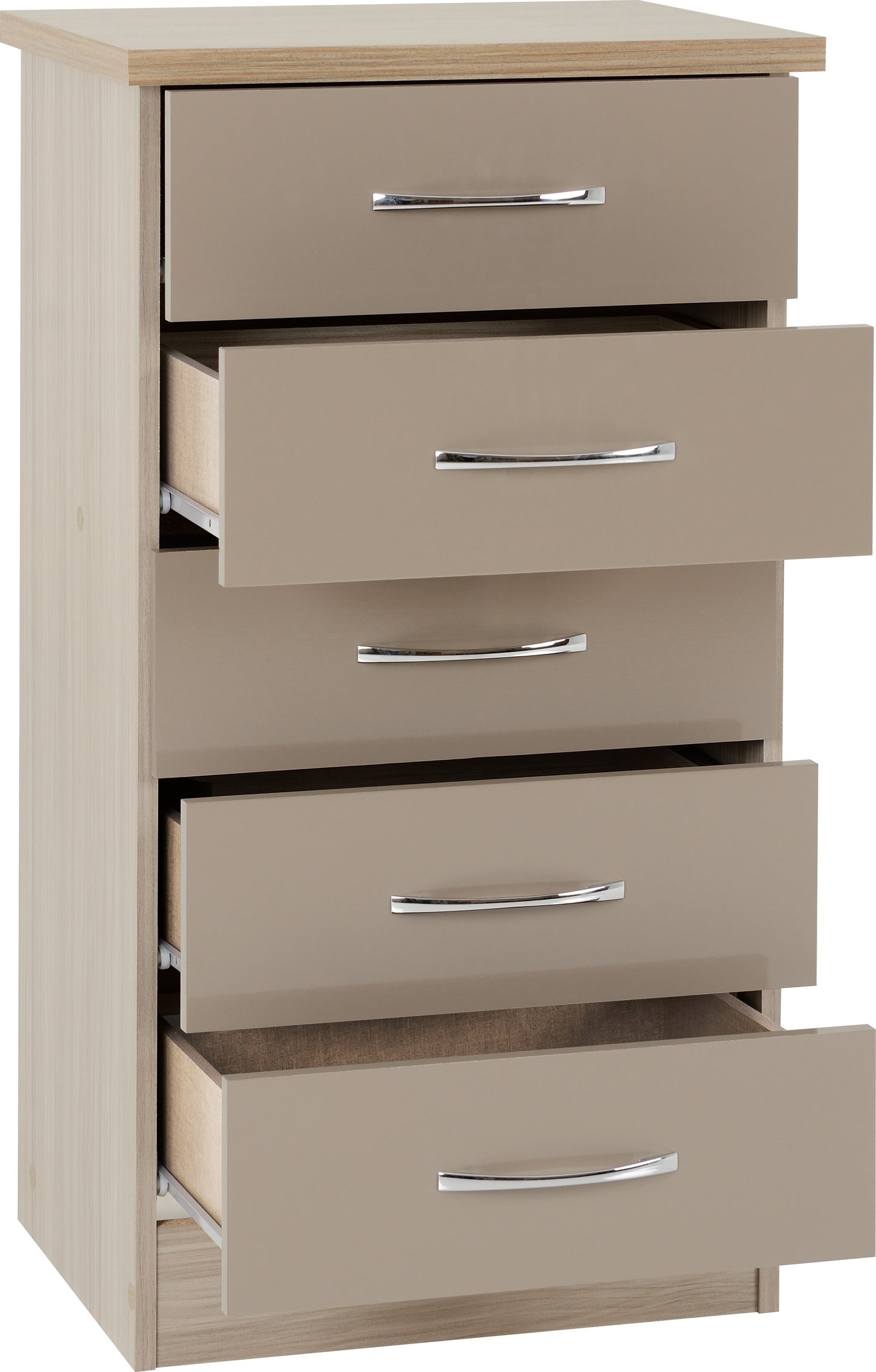 NEVADA 5 DRAWER NARROW CHEST - OYSTER GLOSS/LIGHT OAK EFFECT VENEER