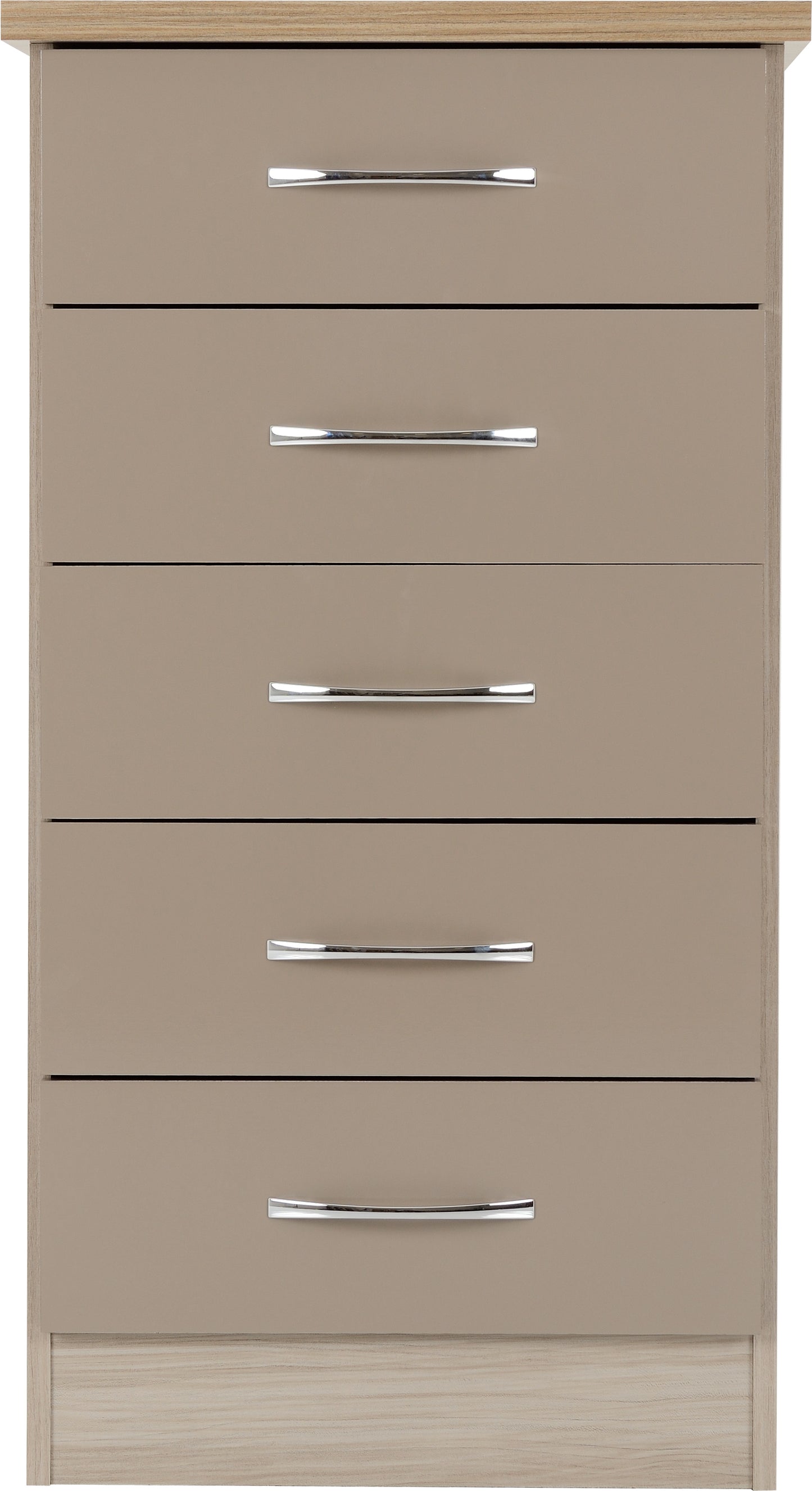 NEVADA 5 DRAWER NARROW CHEST - OYSTER GLOSS/LIGHT OAK EFFECT VENEER