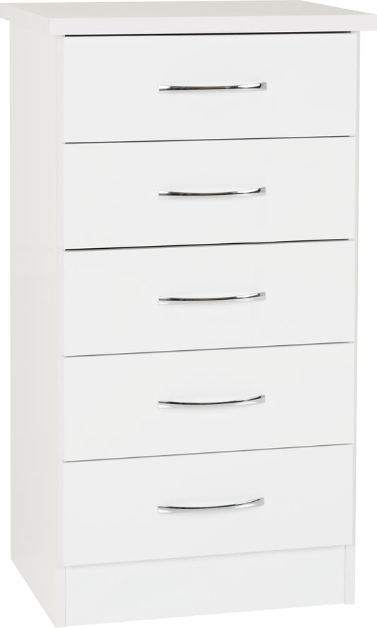 NEVADA 5 DRAWER NARROW CHEST - WHITE GLOSS