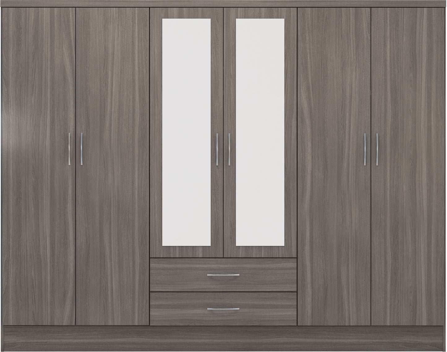 NEVADA 6 DOOR 2 DRAWER MIRRORED WARDROBE - BLACK WOOD GRAIN