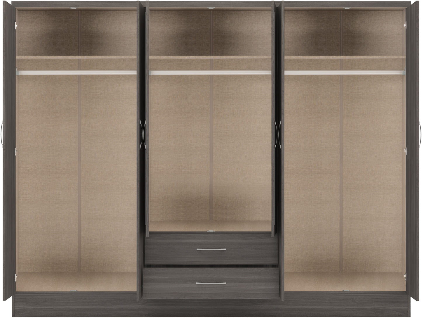 NEVADA 6 DOOR 2 DRAWER MIRRORED WARDROBE - BLACK WOOD GRAIN