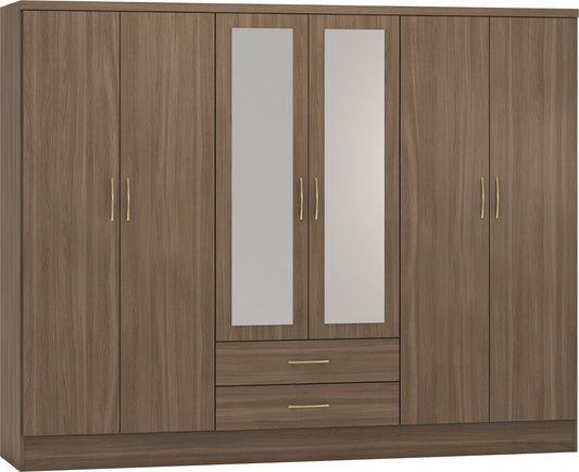 NEVADA 6 DOOR 2 DRAWER MIRRORED WARDROBE - RUSTIC OAK EFFECT