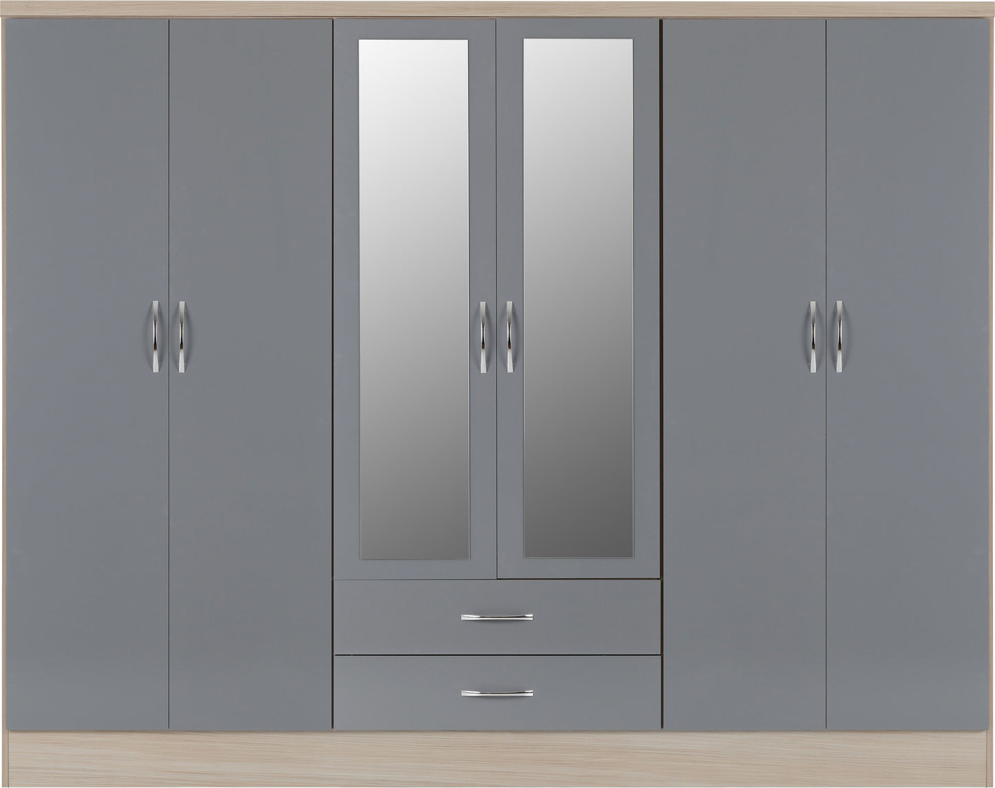 NEVADA 6 DOOR 2 DRAWER MIRRORED WARDROBE - GREY GLOSS/LIGHT OAK EFFECT VENEER