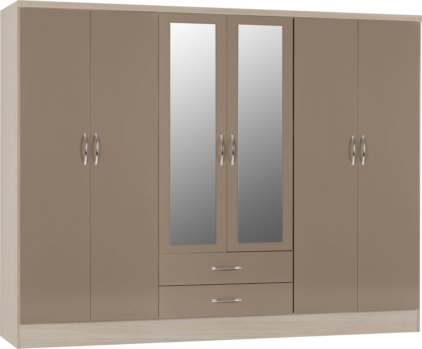 NEVADA 6 DOOR 2 DRAWER MIRRORED WARDROBE - OYSTER GLOSS/LIGHT OAK EFFECT VENEER