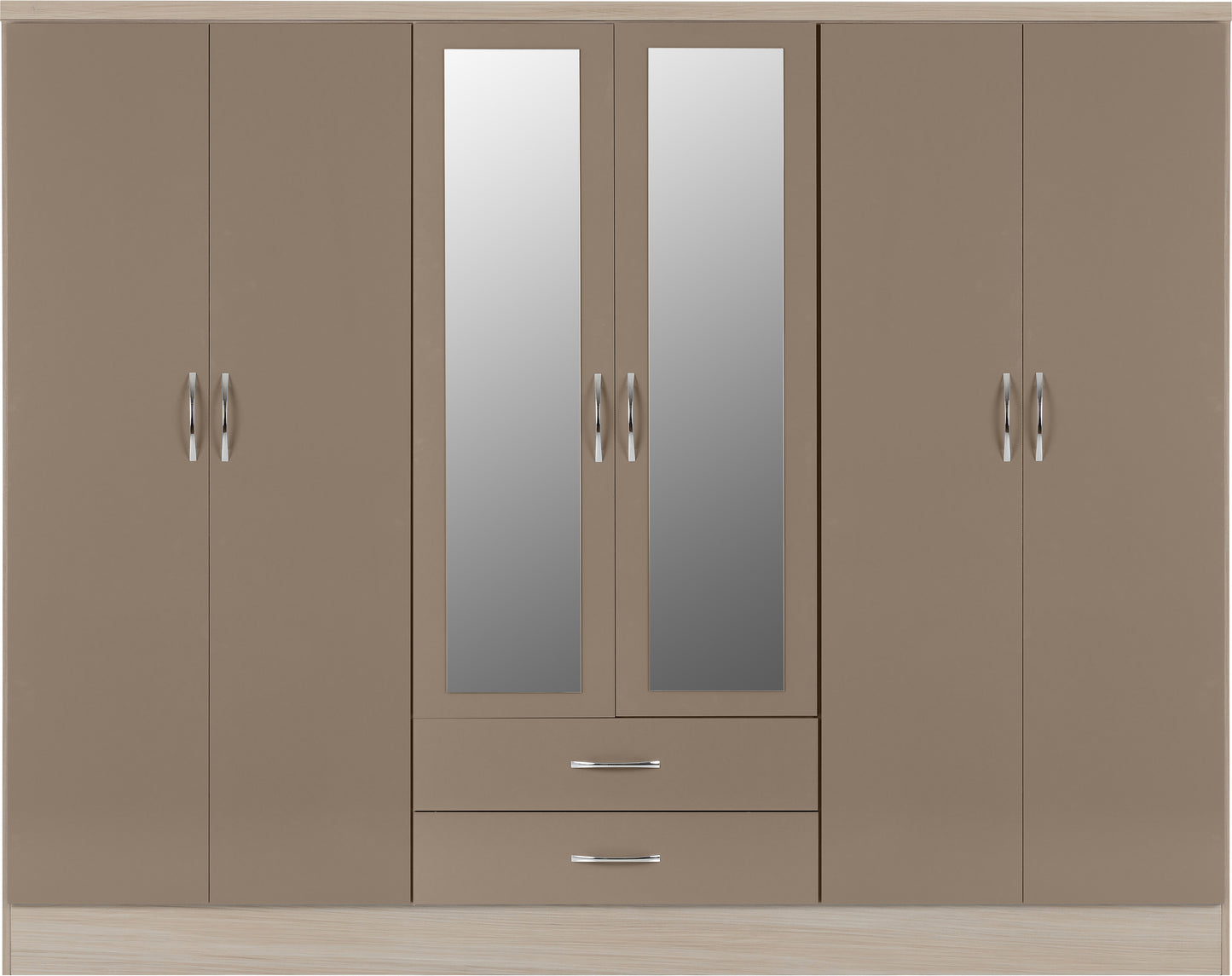 NEVADA 6 DOOR 2 DRAWER MIRRORED WARDROBE - OYSTER GLOSS/LIGHT OAK EFFECT VENEER