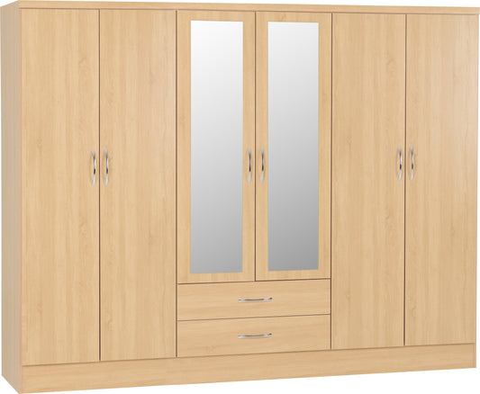 NEVADA 6 DOOR 2 DRAWER MIRRORED WARDROBE - SONOMA OAK EFFECT