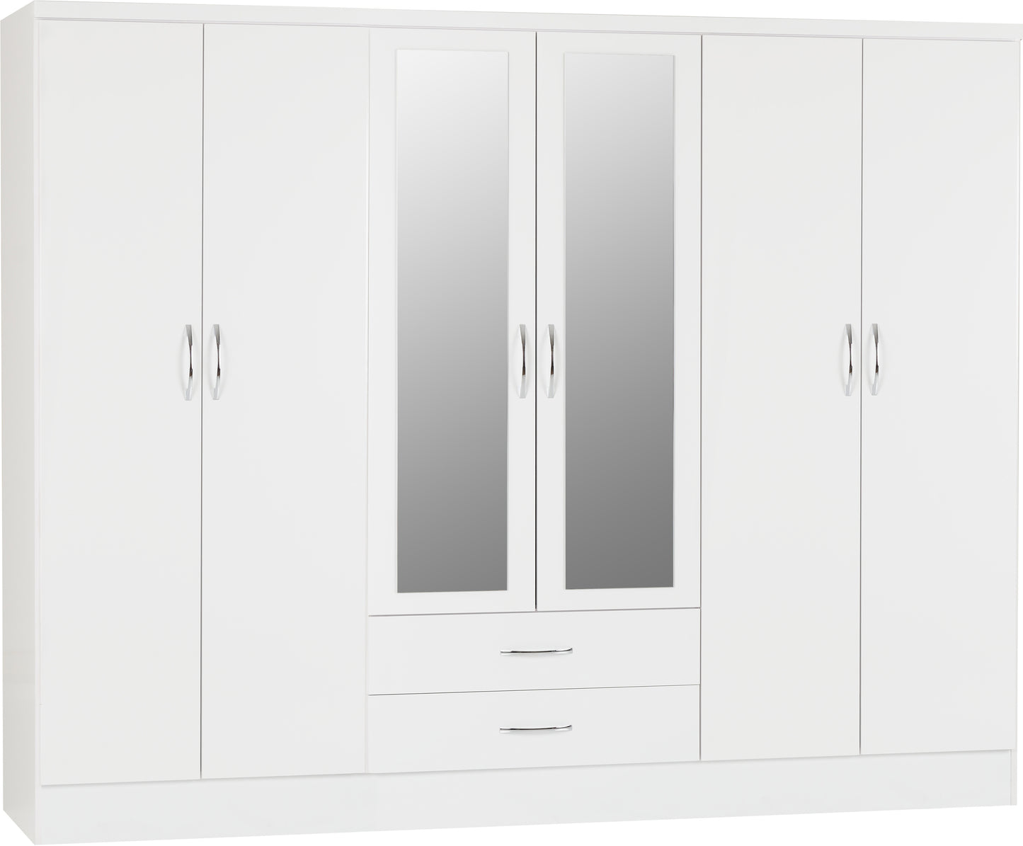 NEVADA 6 DOOR 2 DRAWER MIRRORED WARDROBE - WHITE GLOSS