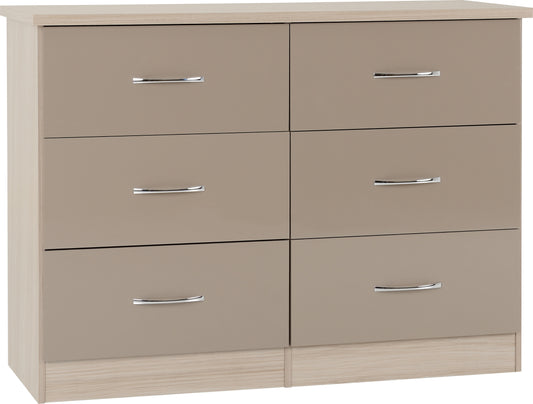 NEVADA 6 DRAWER CHEST - OYSTER GLOSS/LIGHT OAK EFFECT VENEER