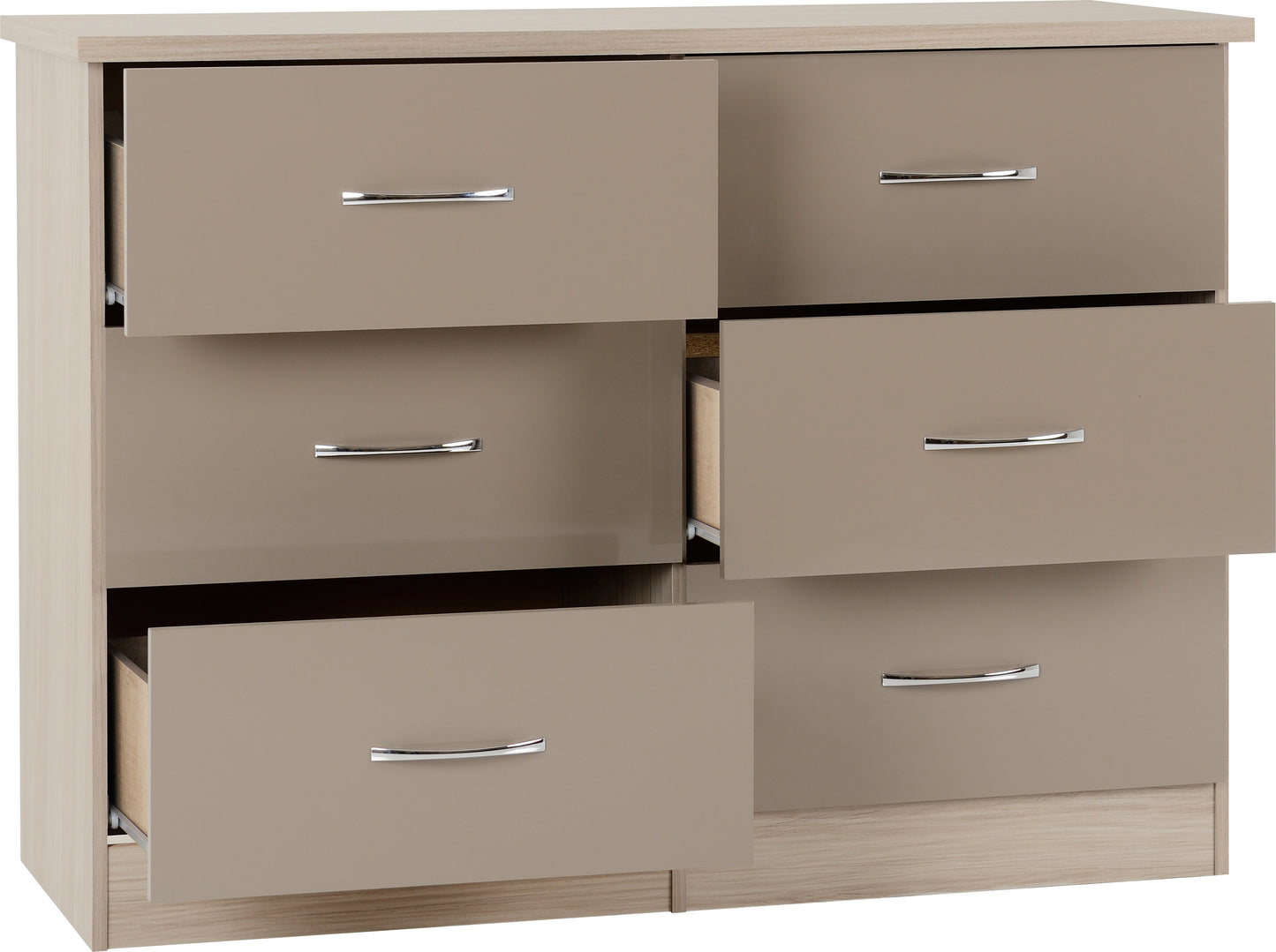 NEVADA 6 DRAWER CHEST - OYSTER GLOSS/LIGHT OAK EFFECT VENEER