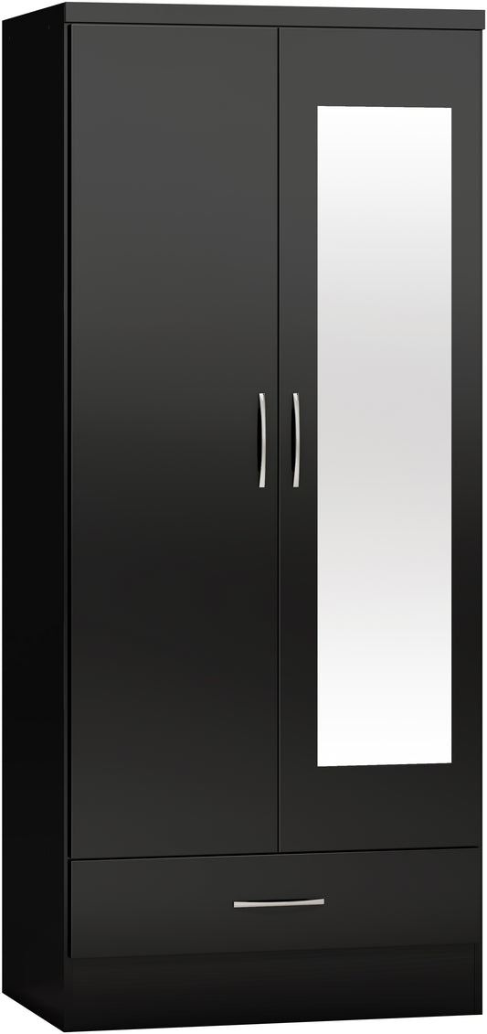 NEVADA MIRRORED 2 DOOR 1 DRAWER WARDROBE - BLACK GLOSS