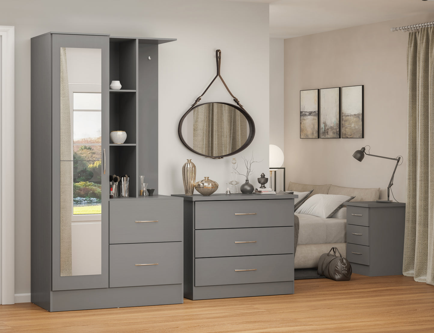 NEVADA MIRRORED OPEN SHELF WARDROBE - 3D EFFECT GREY