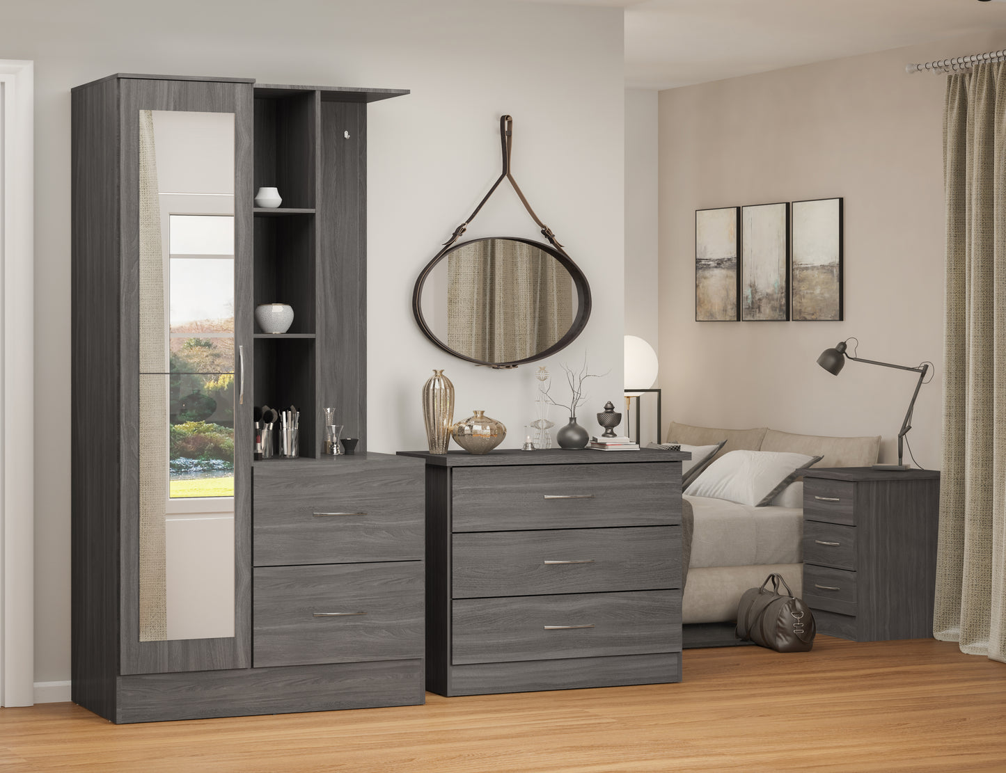 NEVADA MIRRORED OPEN SHELF WARDROBE - BLACK WOOD GRAIN