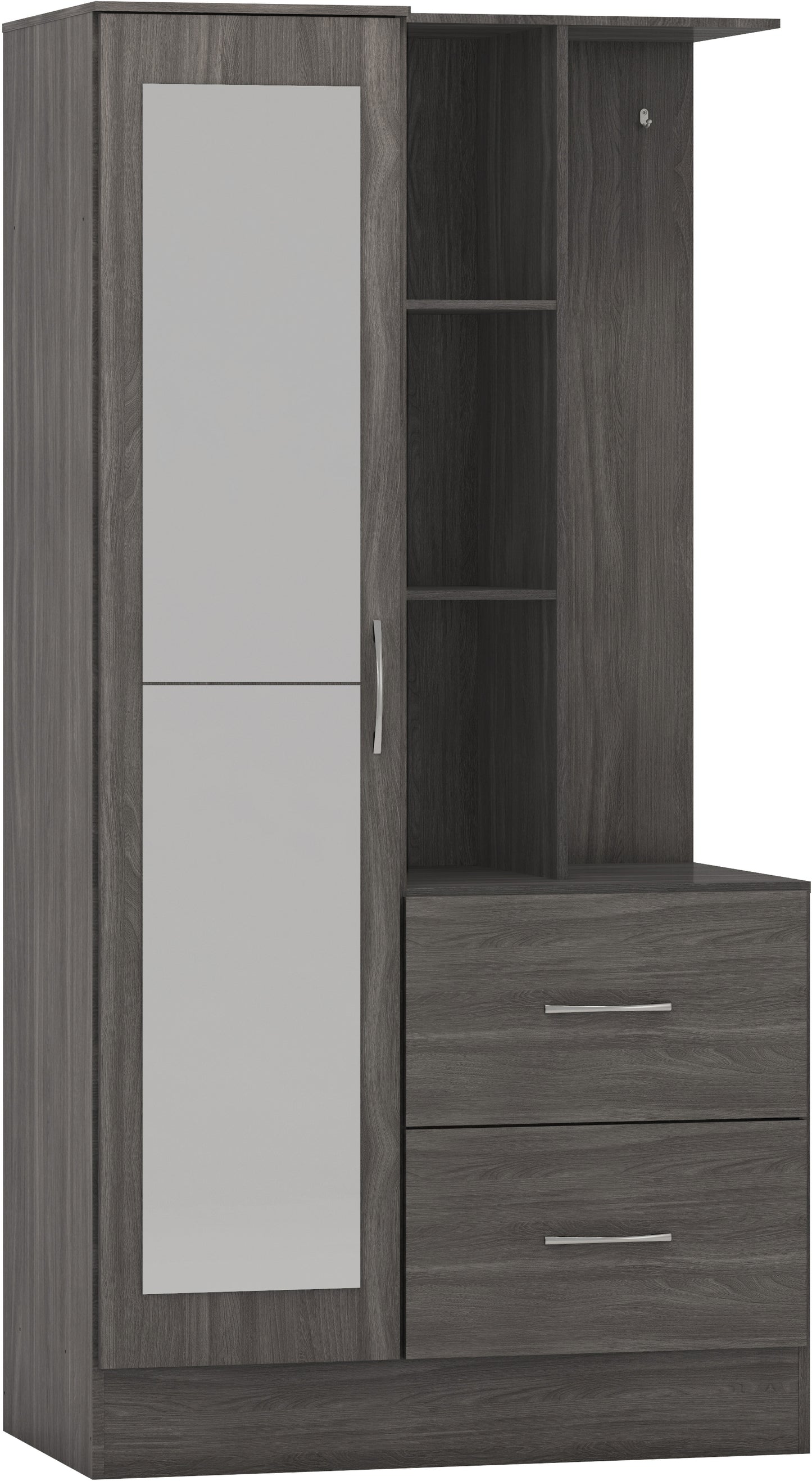 NEVADA MIRRORED OPEN SHELF WARDROBE - BLACK WOOD GRAIN