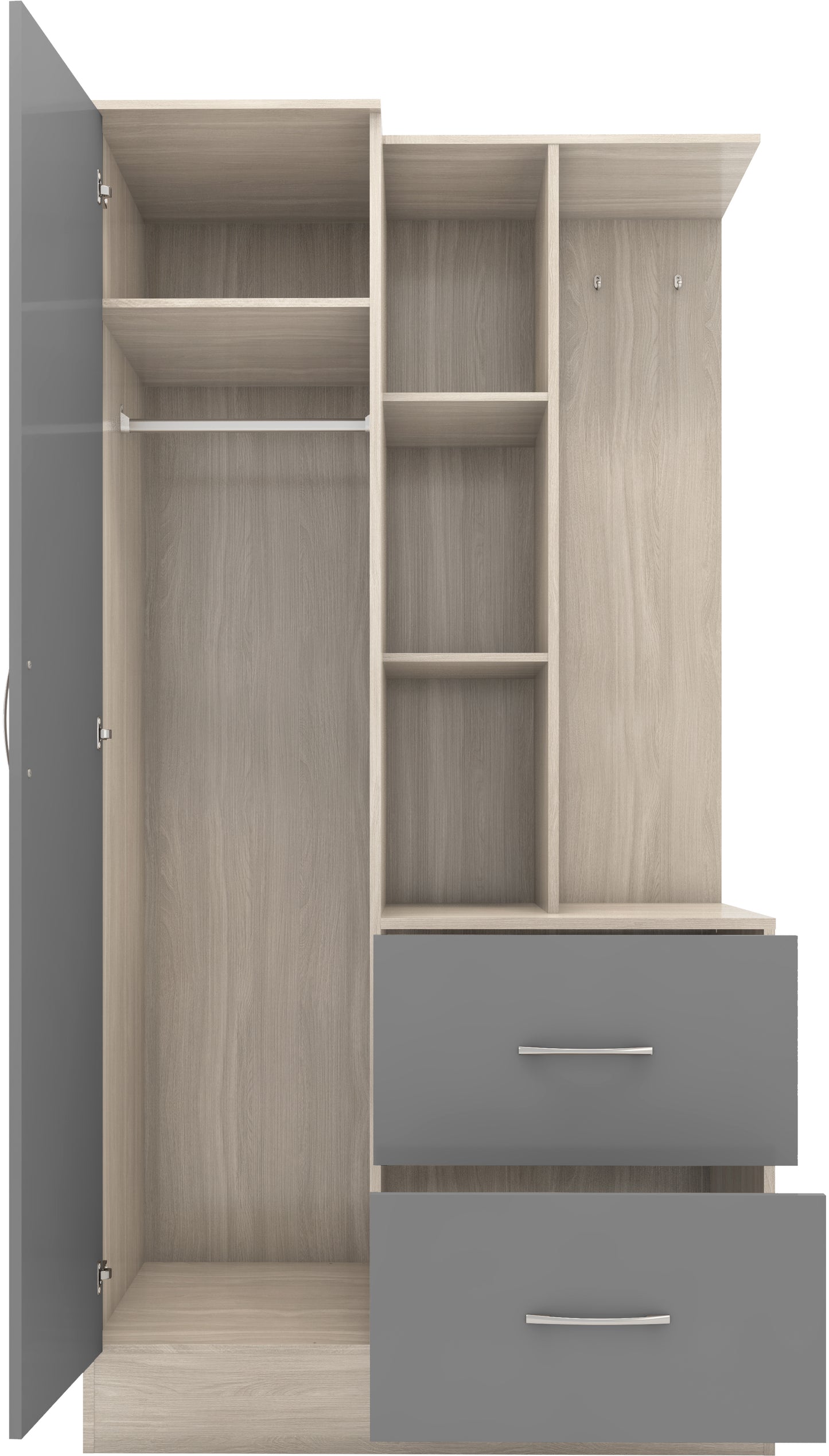 NEVADA MIRRORED OPEN SHELF WARDROBE - GREY GLOSS/LIGHT OAK EFFECT VENEER