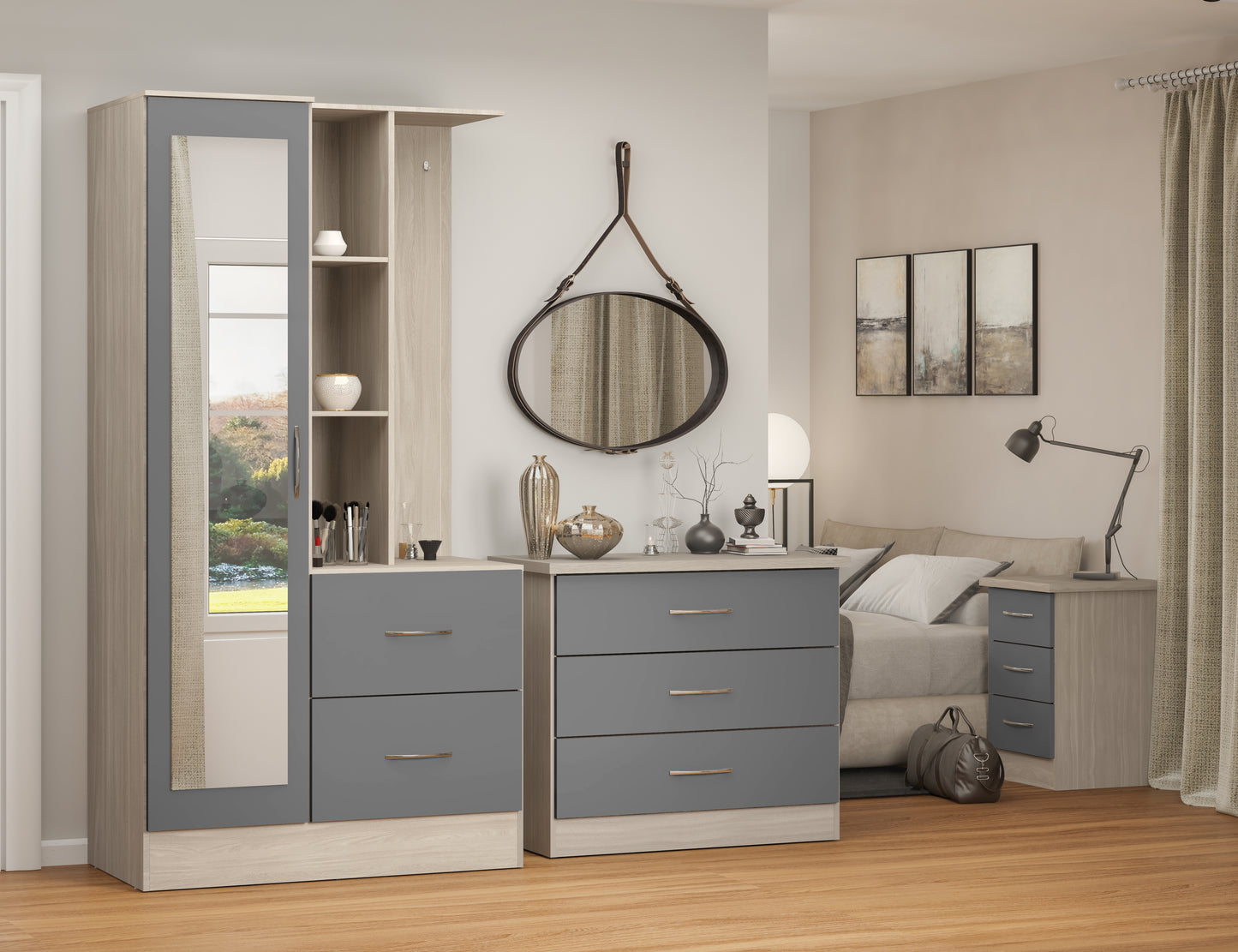 NEVADA MIRRORED OPEN SHELF WARDROBE - GREY GLOSS/LIGHT OAK EFFECT VENEER