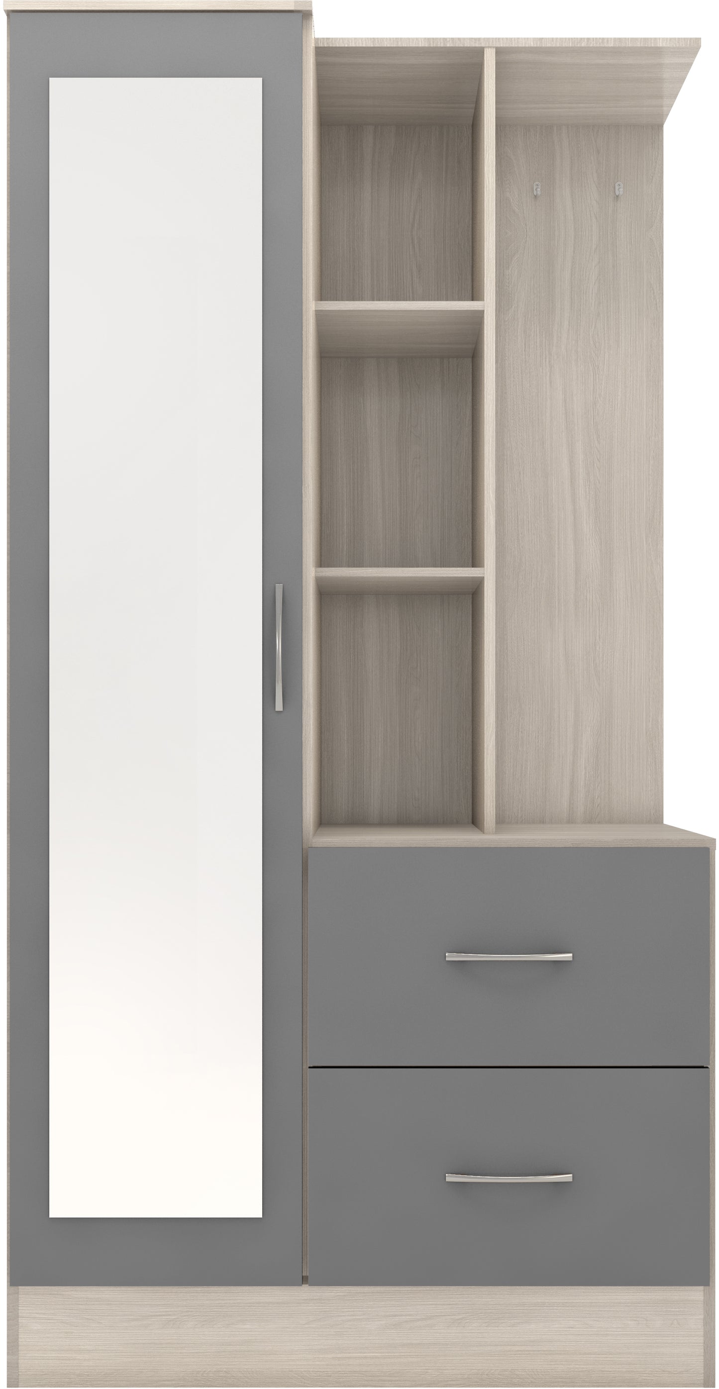 NEVADA MIRRORED OPEN SHELF WARDROBE - GREY GLOSS/LIGHT OAK EFFECT VENEER