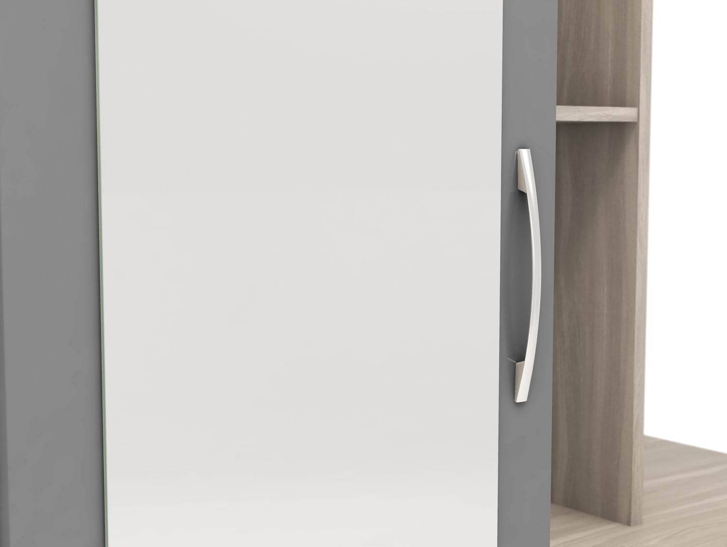 NEVADA MIRRORED OPEN SHELF WARDROBE - GREY GLOSS/LIGHT OAK EFFECT VENEER