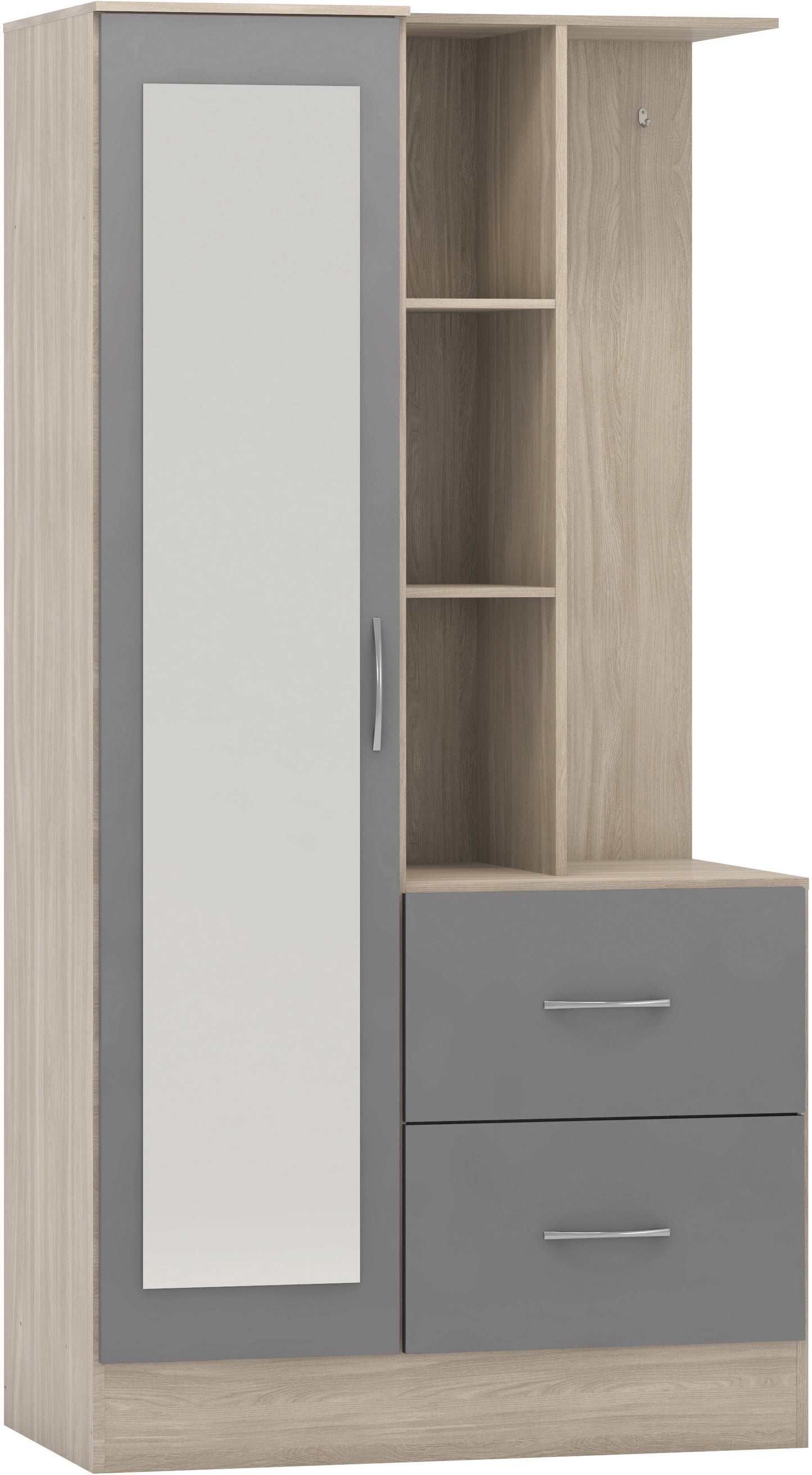 NEVADA MIRRORED OPEN SHELF WARDROBE - GREY GLOSS/LIGHT OAK EFFECT VENEER