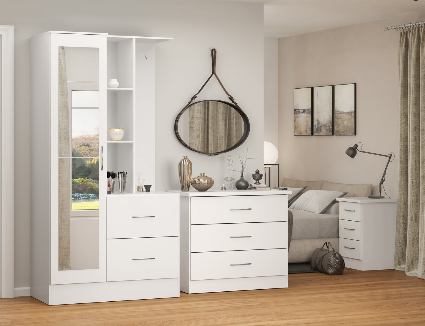 NEVADA MIRRORED OPEN SHELF WARDROBE - WHITE GLOSS