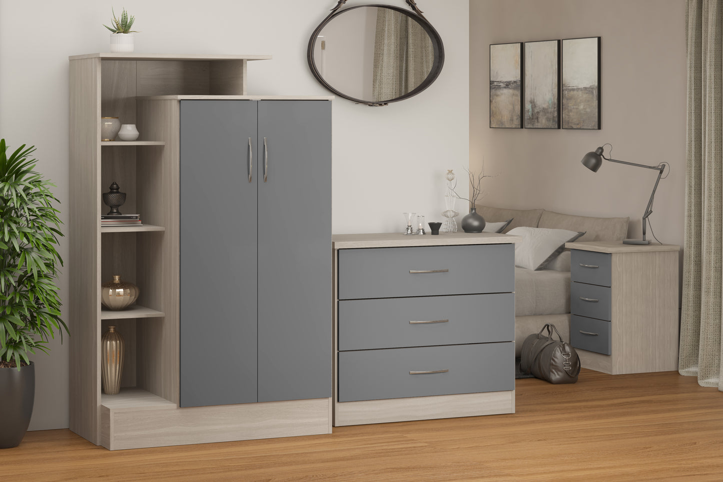 NEVADA PETITE OPEN SHELF WARDROBE - GREY GLOSS/LIGHT OAK EFFECT VENEER