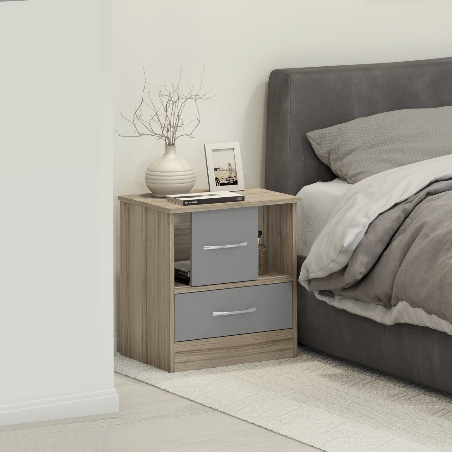 NEVADA SLIDING DOOR BEDSIDE - GREY GLOSS/LIGHT OAK EFFECT VENEER