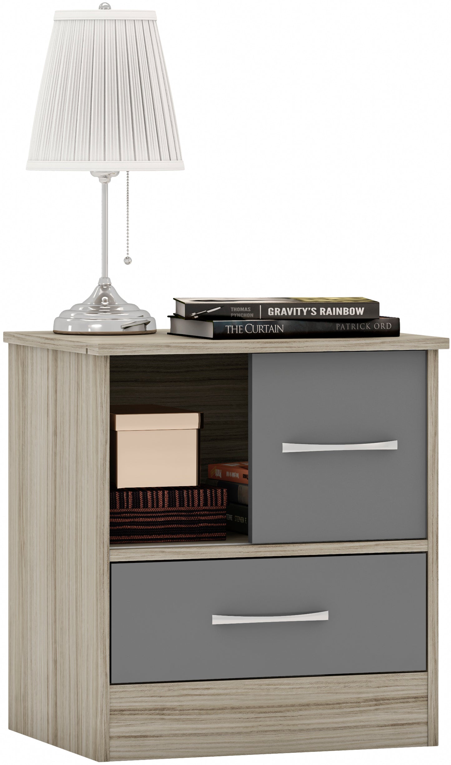 NEVADA SLIDING DOOR BEDSIDE - GREY GLOSS/LIGHT OAK EFFECT VENEER