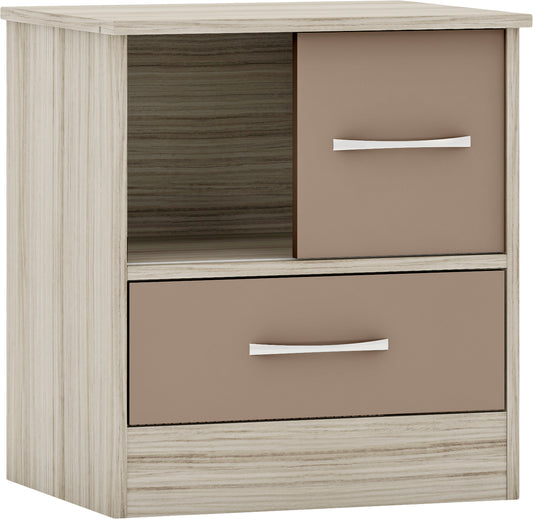 NEVADA SLIDING DOOR BEDSIDE - OYSTER GLOSS/LIGHT OAK EFFECT VENEER