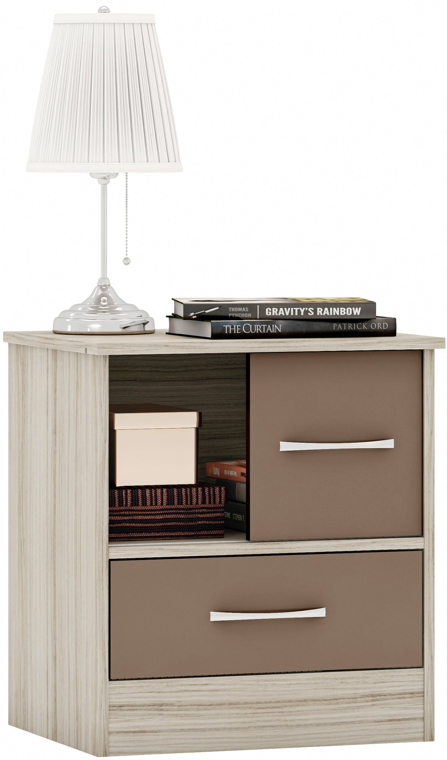 NEVADA SLIDING DOOR BEDSIDE - OYSTER GLOSS/LIGHT OAK EFFECT VENEER