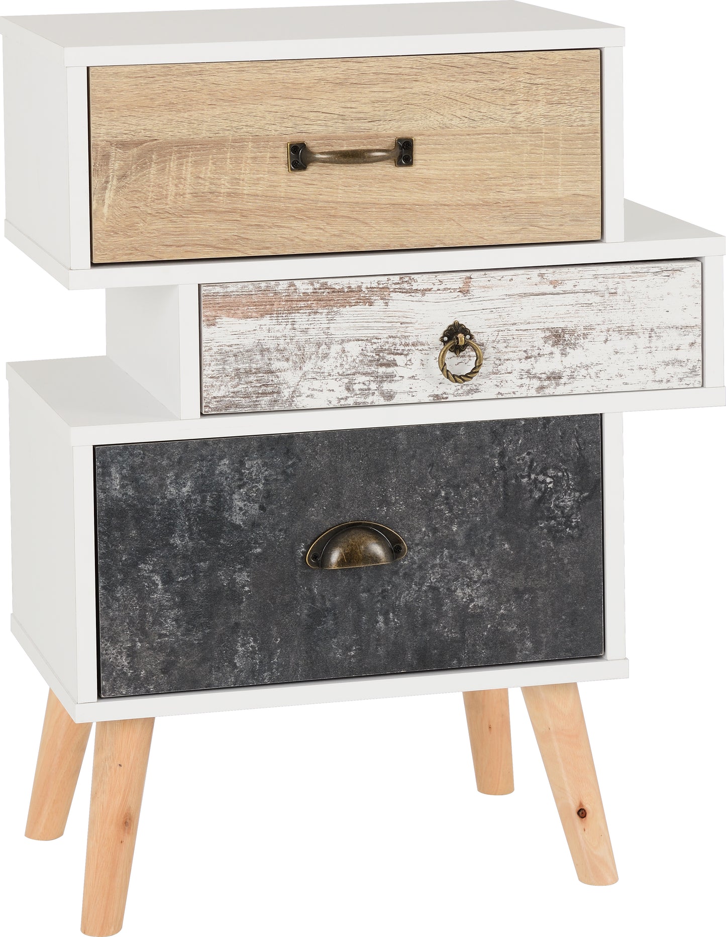 NORDIC 3 DRAWER BEDSIDE - WHITE/DISTRESSED EFFECT