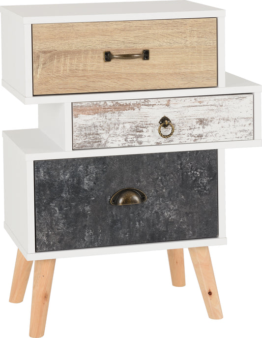 NORDIC 3 DRAWER BEDSIDE - WHITE/DISTRESSED EFFECT