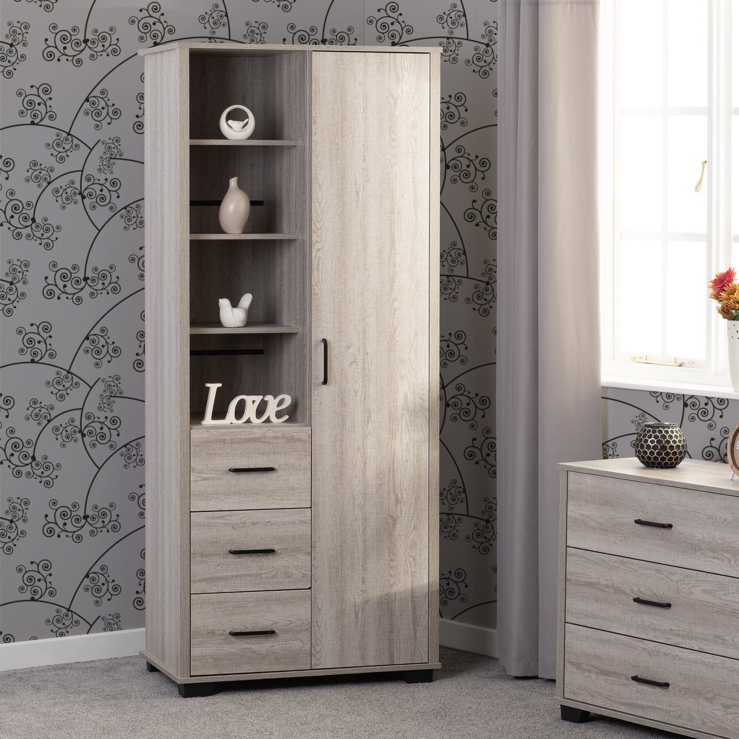 OLIVER 1 DOOR 3 DRAWER OPEN SHELF WARDROBE  - LIGHT OAK EFFECT