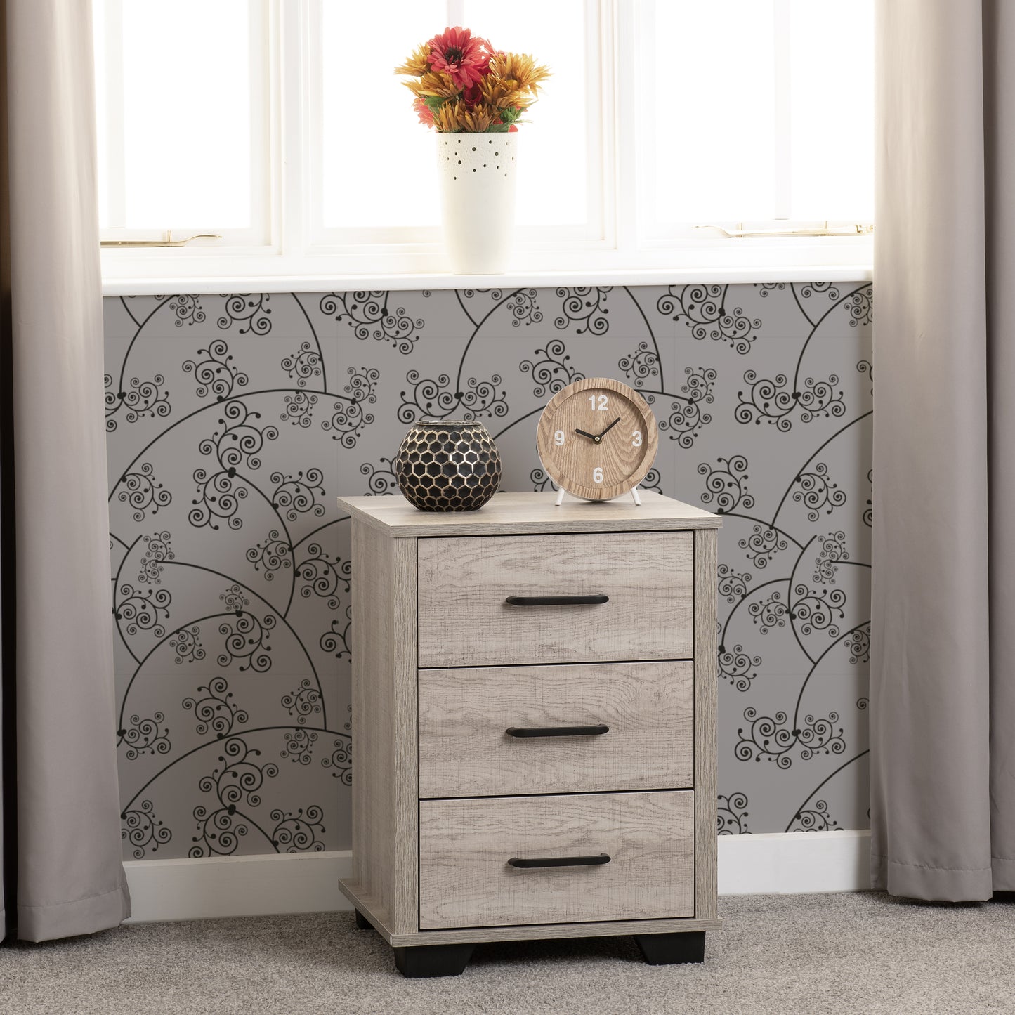 OLIVER 3 DRAWER BEDSIDE  - LIGHT OAK EFFECT