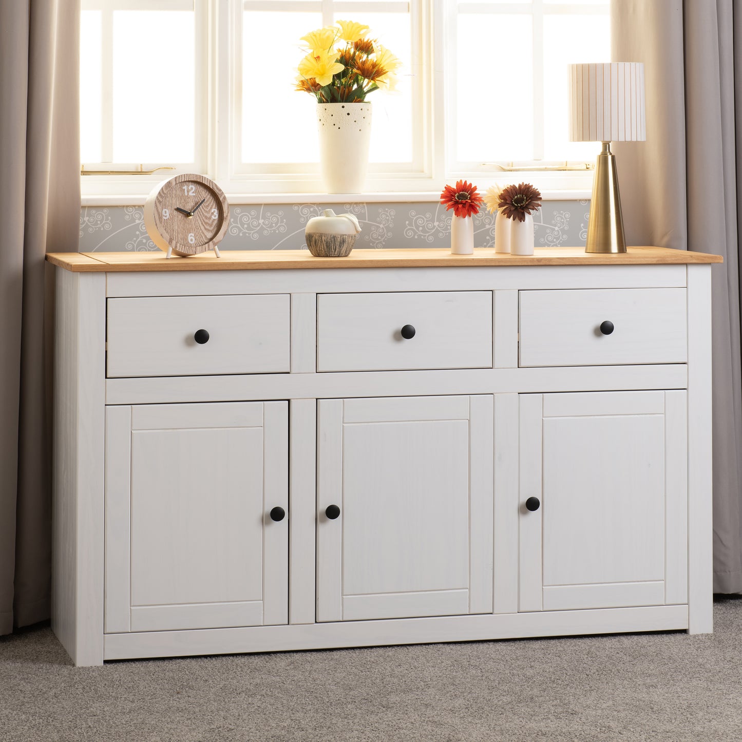 PANAMA 3 DOOR 3 DRAWER SIDEBOARD - WHITE/NATURAL WAX