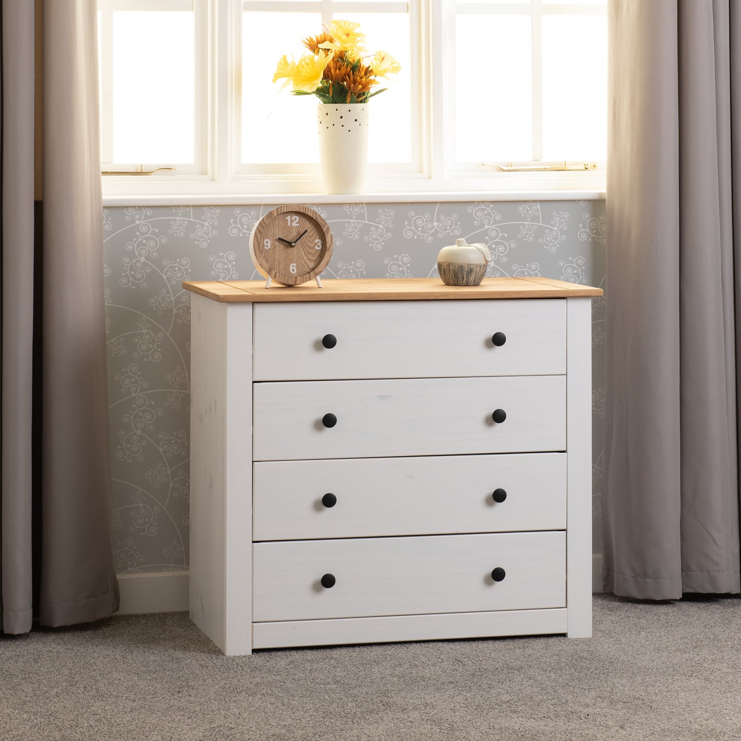 PANAMA 4 DRAWER CHEST - WHITE/NATURAL WAX