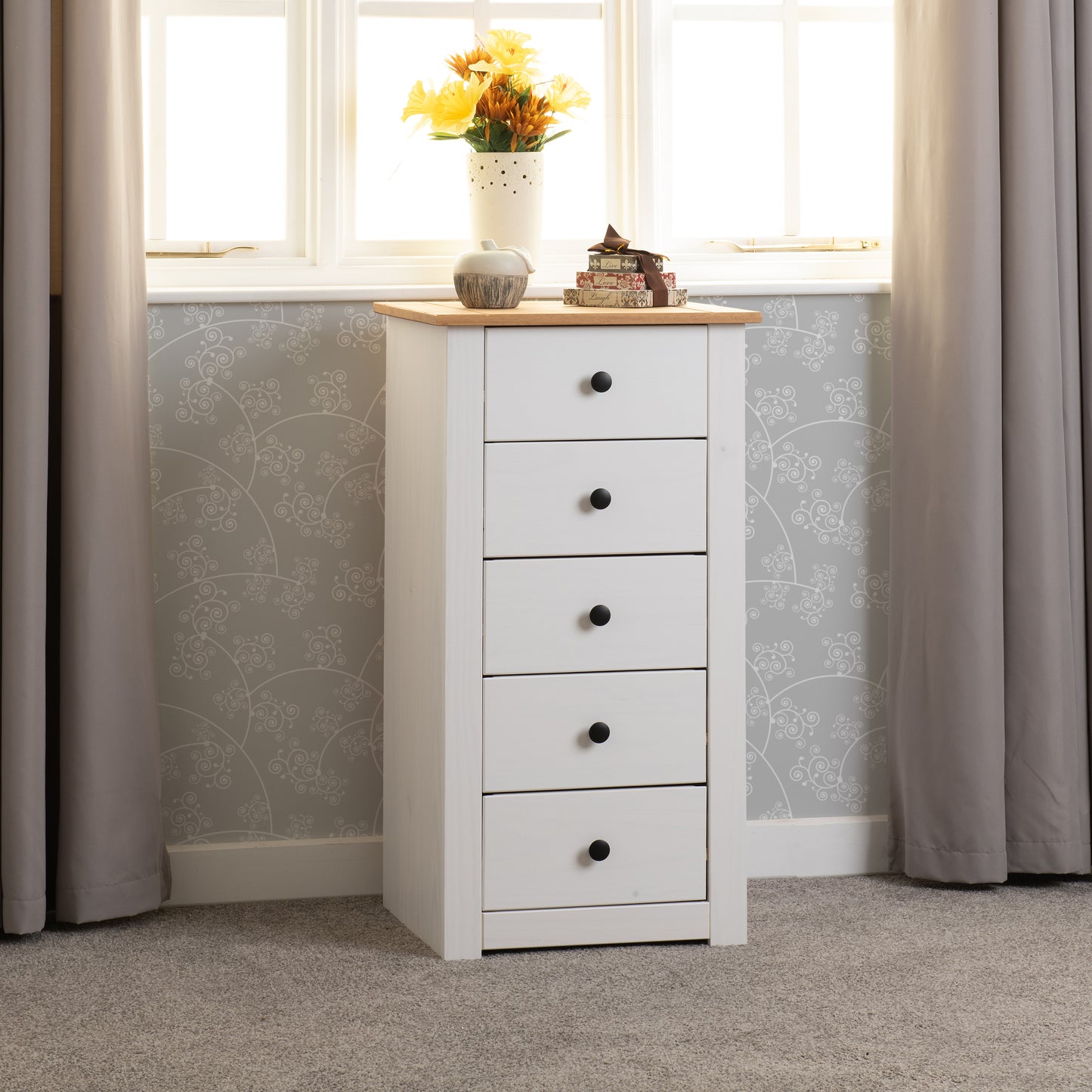 PANAMA 5 DRAWER CHEST - WHITE/NATURAL WAX