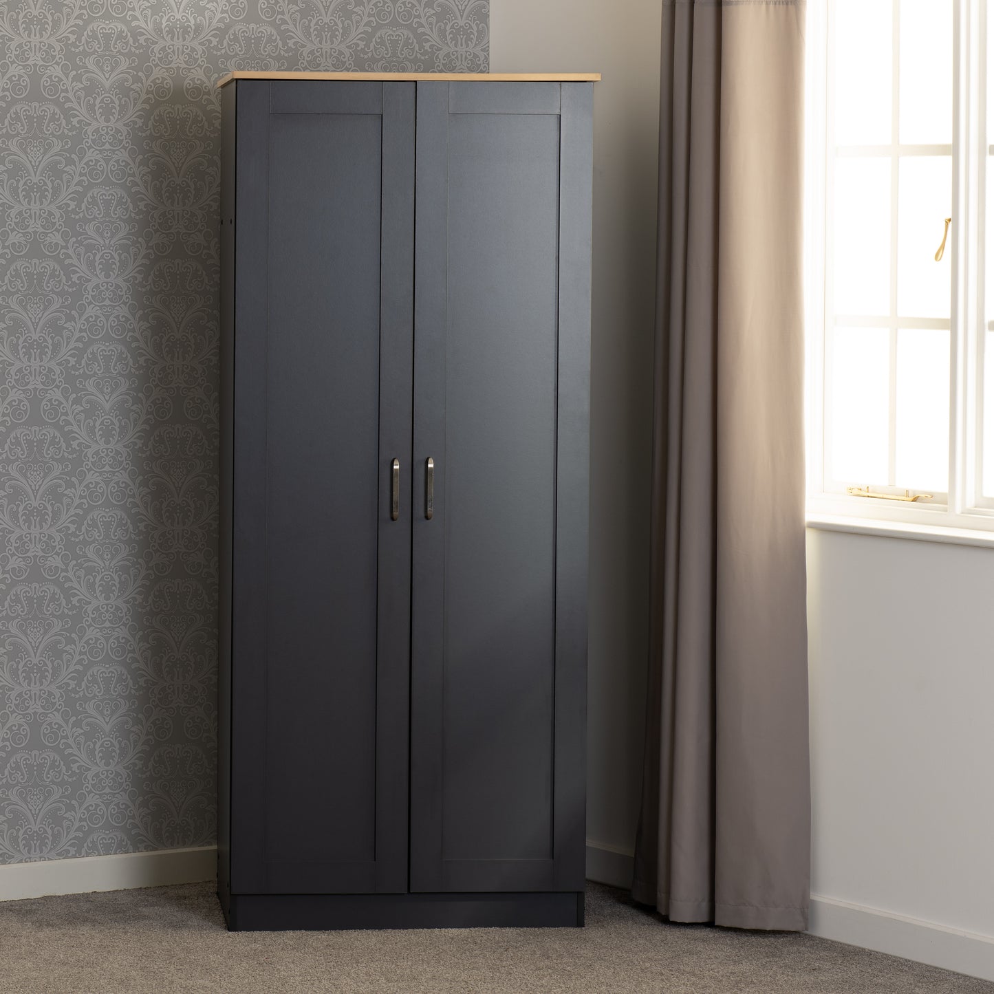 PORTLAND 2 DOOR WARDROBE  - GREY/OAK EFFECT