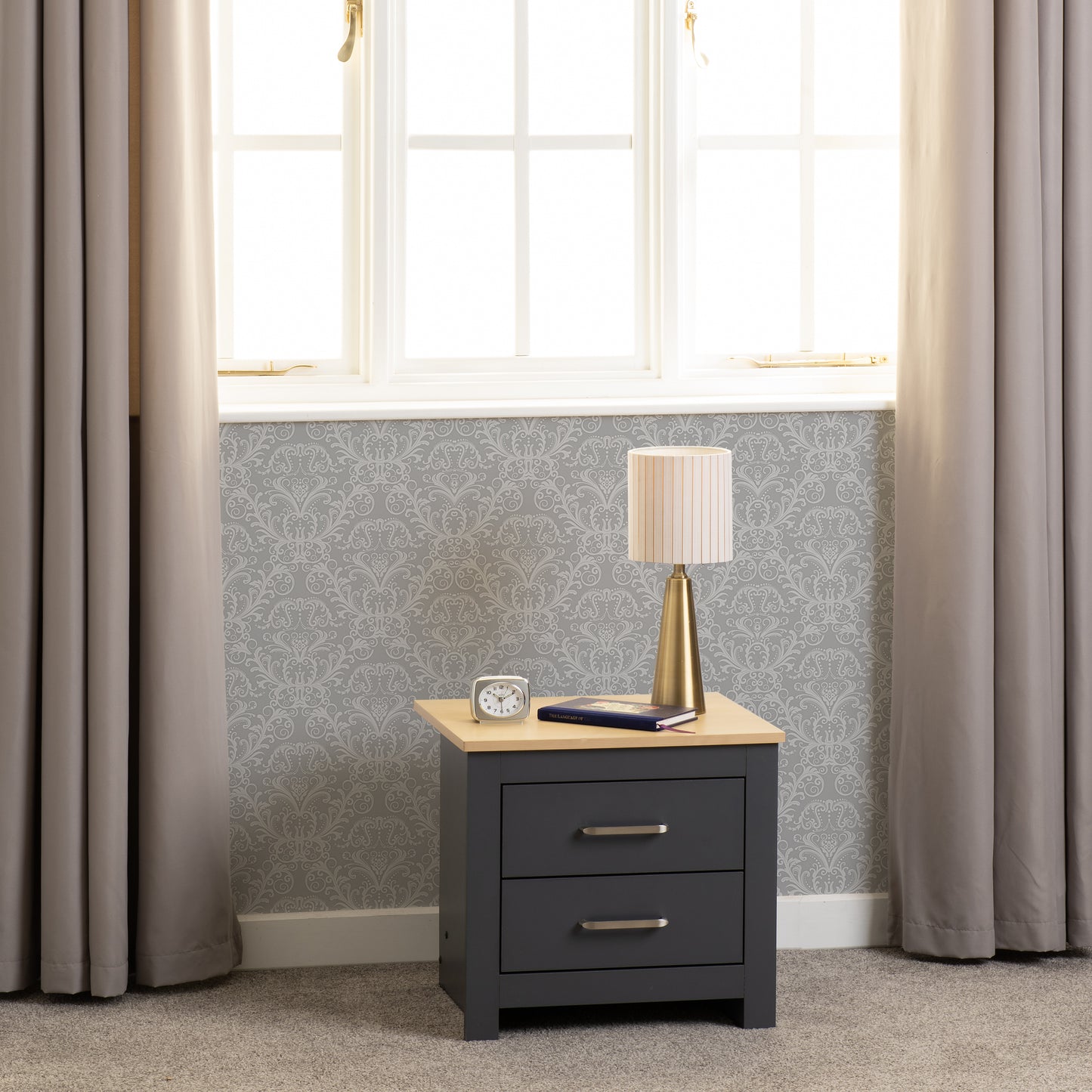 PORTLAND 2 DRAWER BEDSIDE  - GREY/OAK EFFECT